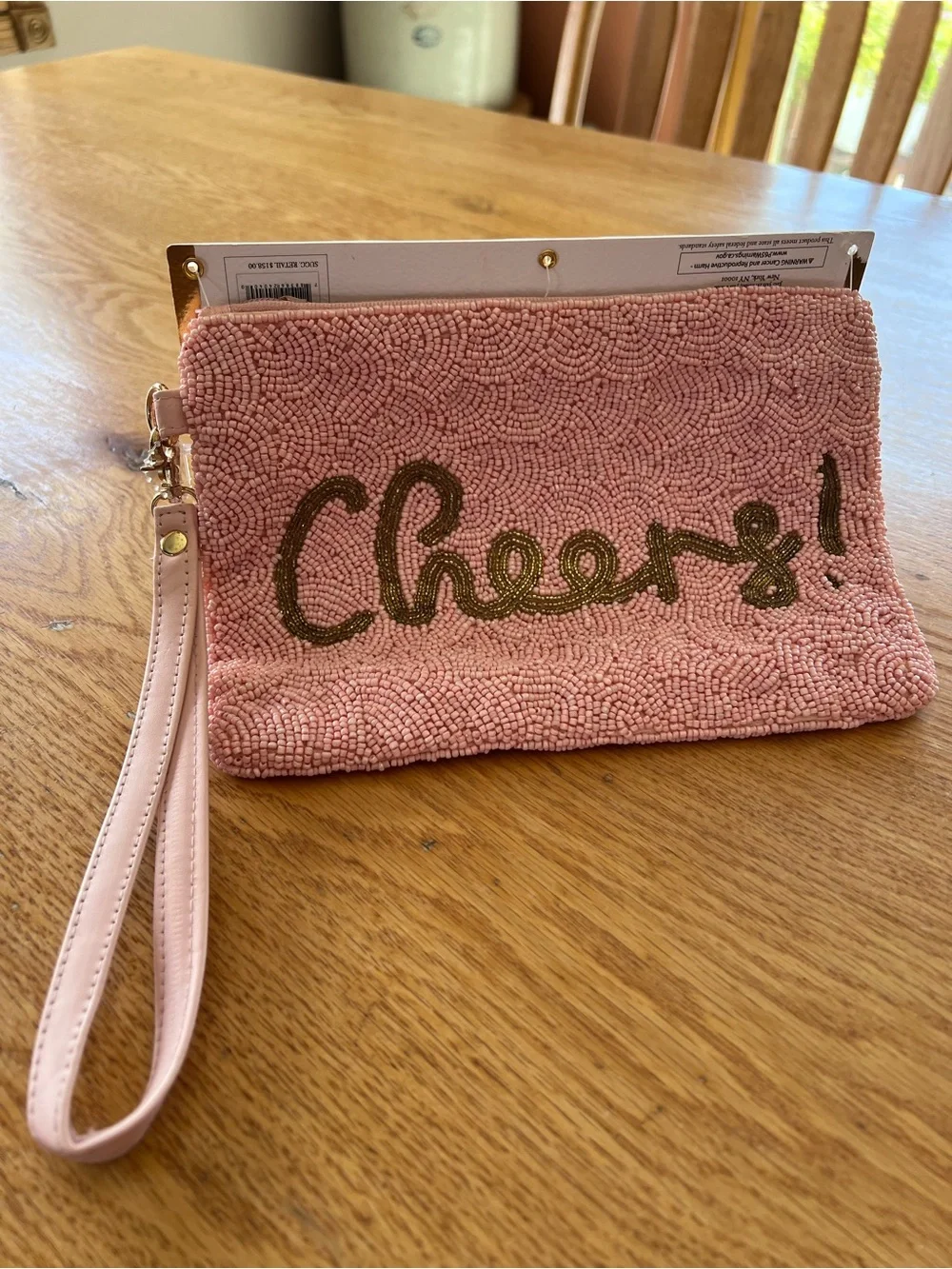 Cheers! Pink Beaded Wristlet Clutch Purse or makeup bag.